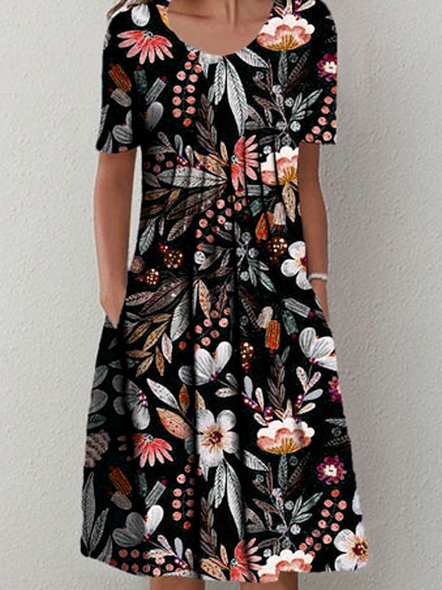 Women's Casual Dress Sheath Dress Summer Dress Floral Pleated Print Crew Neck Mini Dress Fashion Modern Daily Weekend Short Sleeve Regular Fit Black Purple Dark Blue Spring Summer S M L XL XXL - LuckyFash™