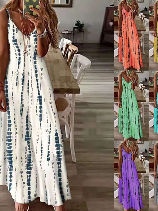 Women's A Line Dress Slip Dress Long Dress Maxi Dress White Yellow Blue Sleeveless Print Print Spring Summer Spaghetti Strap Casual 2023 S M L XL XXL 3XL 4XL 5XL - LuckyFash™