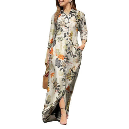 Women's Shirt Dress Casual Dress Linen Dress Maxi long Dress Winter Dress Daily Holiday Cotton Linen Modern Casual Shirt Collar Pocket Print Long Sleeve Summer Spring Fall 2023 Regular Fit Yellow