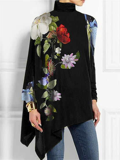 Women's T shirt Tee Floral Holiday Weekend Print Asymmetrical Black Long Sleeve Fashion High Neck Spring &  Fall