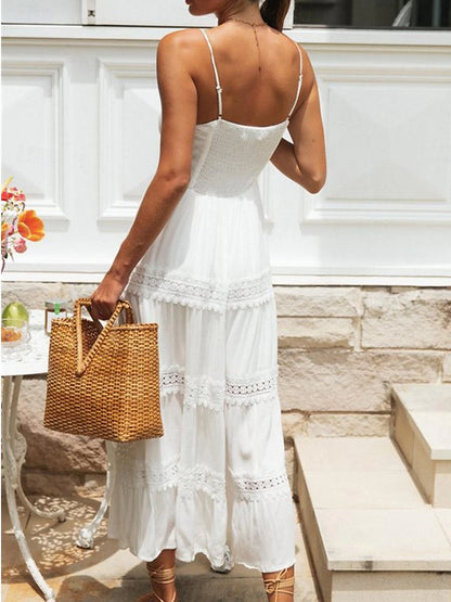 Women's White Lace Wedding Dress Boho Chic Dresses Boho Wedding Guest Dress Long Dress Maxi Dress Backless with Sleeve Date Vacation Beach A Line Strap Sleeveless White Color