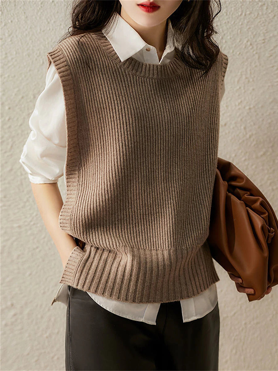 Women's Sweater Vest Crew Neck Ribbed Knit Cotton Spandex Yarns Button Oversized Summer Fall Outdoor Daily Going out Stylish Casual Soft Sleeveless Solid Color Brown Khaki Beige One-Size