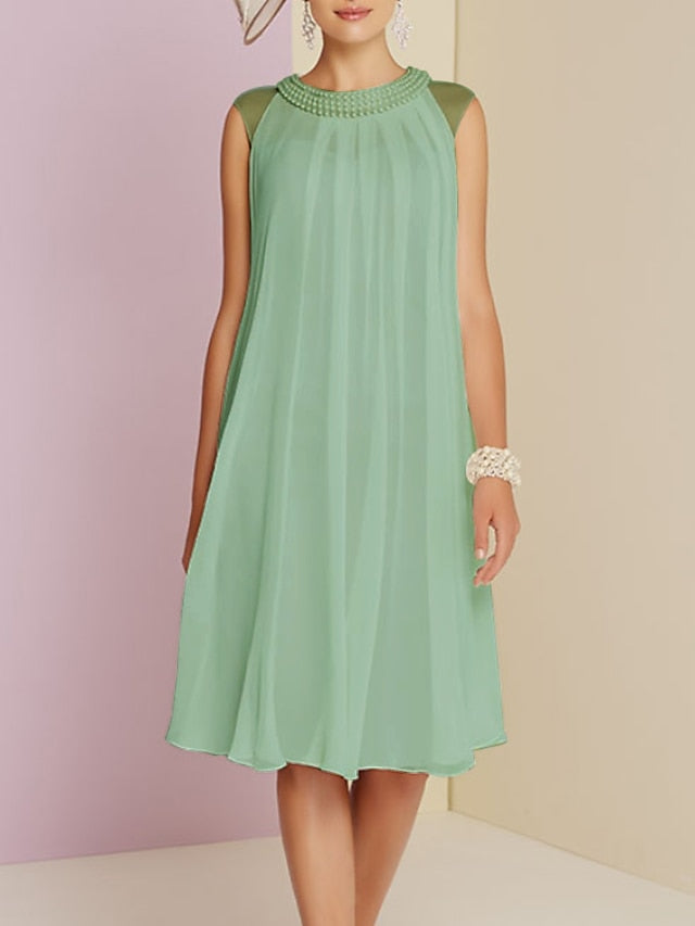 Sheath / Column Mother of the Bride Dress Wedding Guest Elegant Jewel Neck Knee Length Chiffon Sleeveless with Pleats Beading 2023 - LuckyFash™