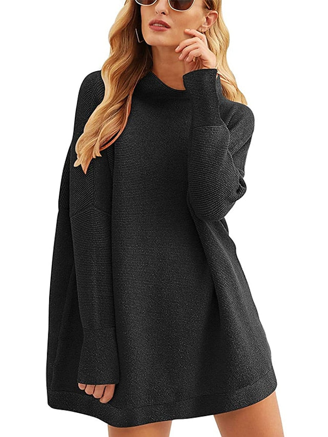 Women's Pullover Sweater Jumper Turtleneck Ribbed Knit Acrylic Patchwork Lantern Sleeve Winter Long Outdoor Stylish Elegant Casual Long Sleeve Solid Color Black White Pink S M L