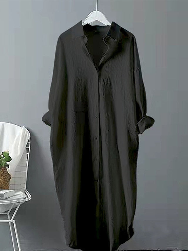 Women's Shirt Dress Casual Dress Shift Dress Maxi long Dress Outdoor Winter Dress Daily Cotton And Linen Basic Casual Shirt Collar Button Long Sleeve Summer Spring Fall 2023 Loose Fit Black White