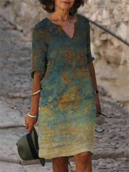 Women's Casual Dress Shift Dress Midi Dress fluorescent yellow khaki Half Sleeve Abstract Print Summer Spring V Neck Vintage 2023 S M L XL XXL XXXL 4XL 5XL