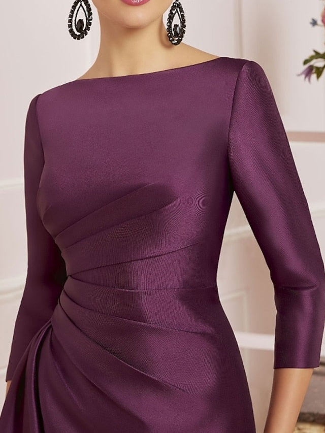 Sheath / Column Mother of the Bride Dress Wedding Guest Elegant Off Shoulder Knee Length Satin 3/4 Length Sleeve with Ruching 2023 - LuckyFash™
