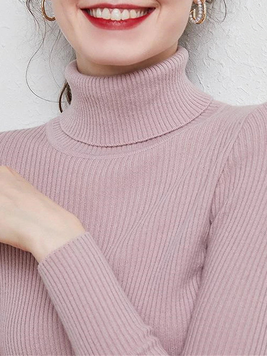 Women's Pullover Sweater Jumper Turtleneck Ribbed Knit Polyester Oversized Fall Winter Daily Holiday Going out Stylish Casual Soft Long Sleeve Solid Color Rust Red Pink purple Red bean paste S M L