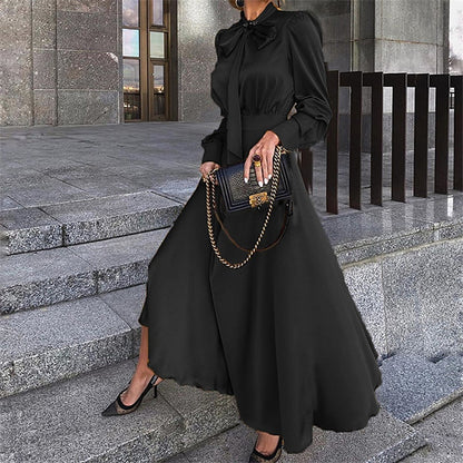 Women‘s Party Dress Wedding Guest Dress Satin Dress Swing Dress Long Dress Maxi Dress Black Yellow Red Long Sleeve Pure Color Lace up Fall Autumn Stand Collar Modern Winter Dress 2023 S M L XL XXL