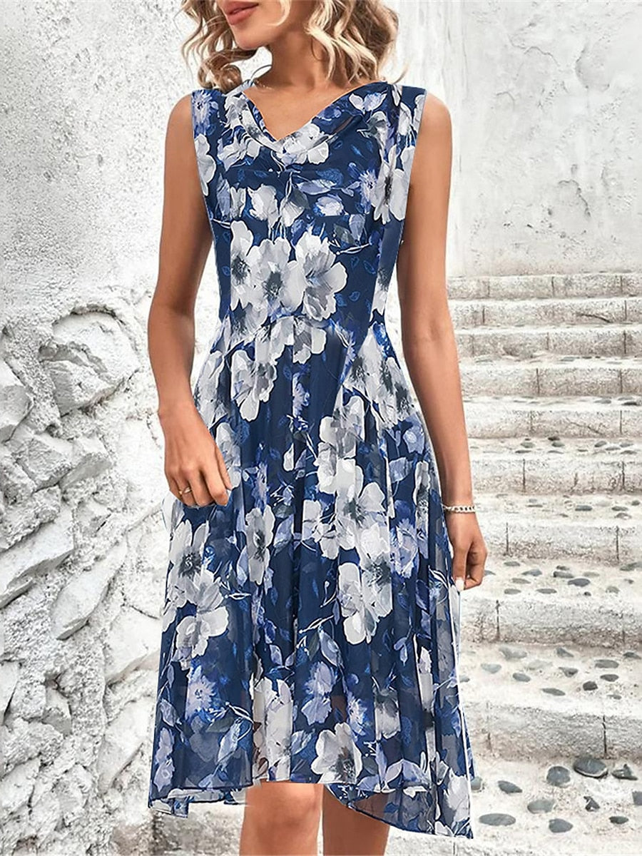 Women's Two Piece Dress Set Casual Dress Chiffon Dress Print Dress Outdoor Daily Fashion Modern Print Midi Dress V Neck Half Sleeve Floral Regular Fit Blue Summer Spring S M L XL XXL