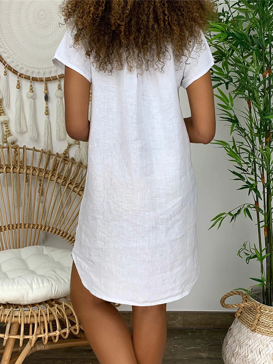 Women's White Dress Mini Dress Linen Split Date Basic Split Neck Short Sleeve White Yellow Pink Color