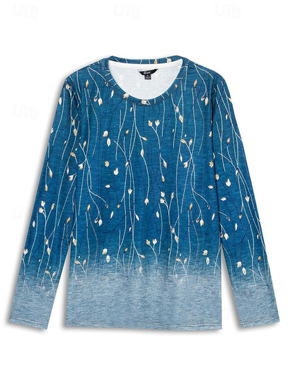 Women's T shirt Tee Floral Holiday Weekend Print Blue Long Sleeve Elegant Fashion Basic Round Neck Fall & Winter