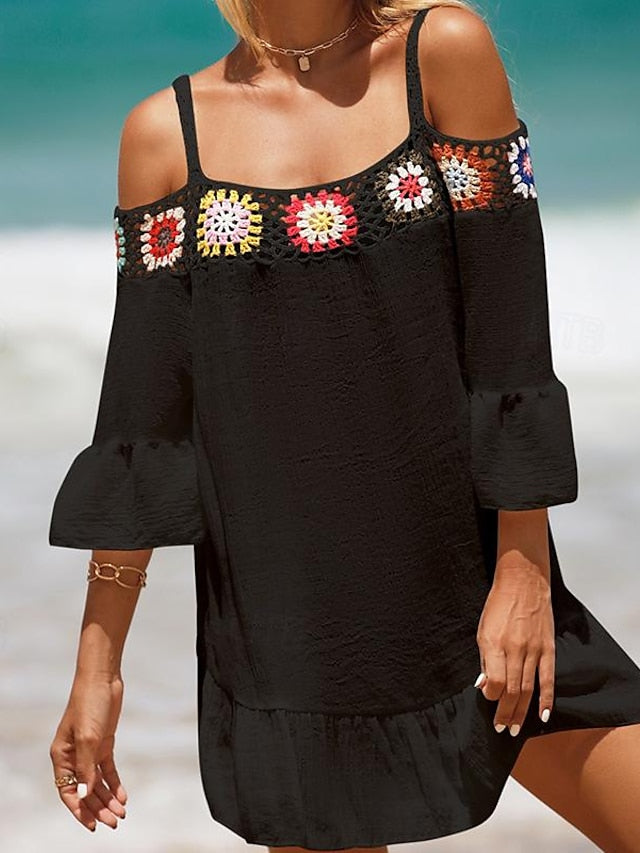 Women's Summer Dress Cover Up Ruffle Cut Out Beach Wear Holiday Long Sleeve Black White Yellow Color