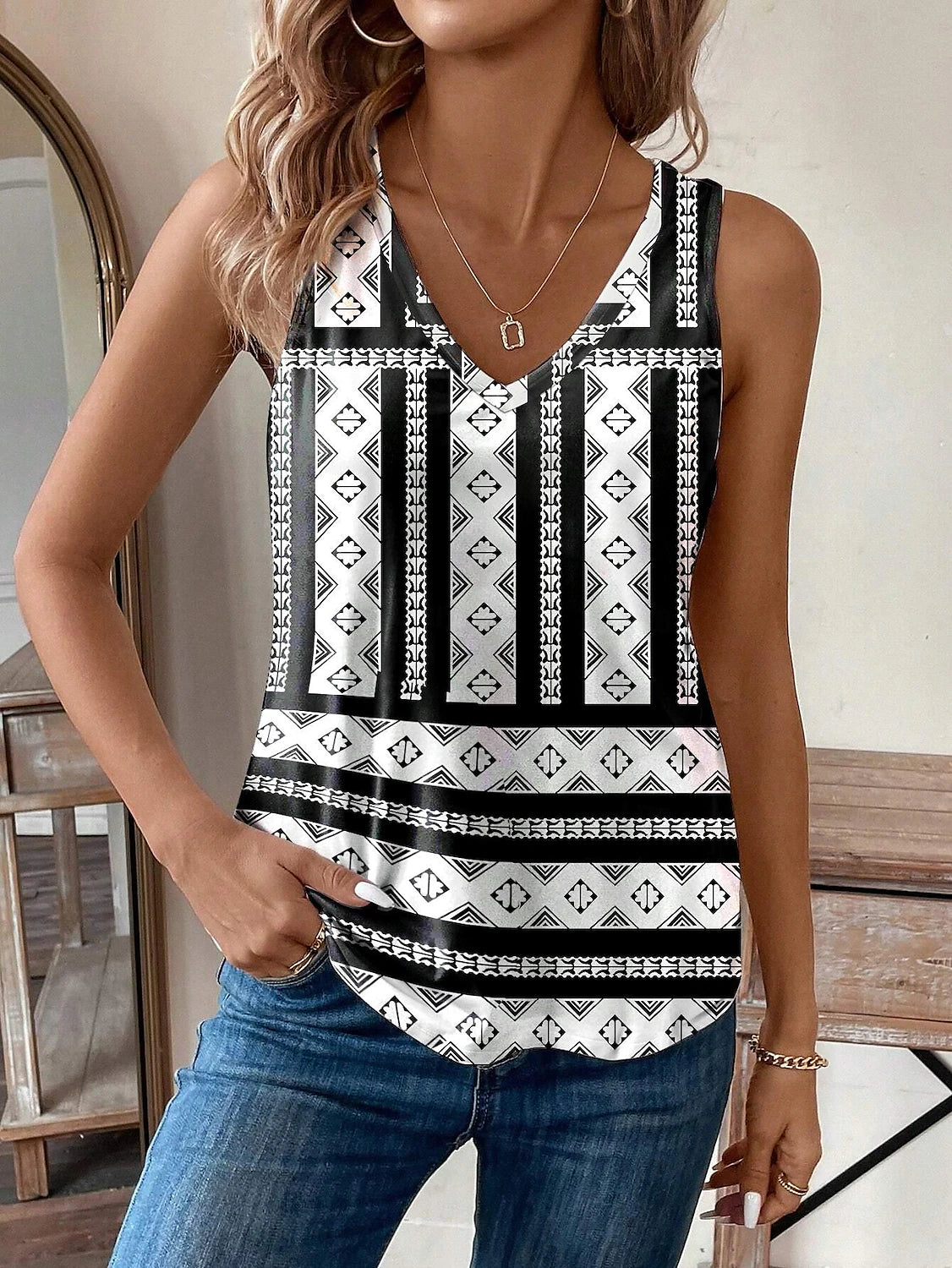 Women's Tank Top Vest Geometric Vacation Print Black Sleeveless Vintage Ethnic Boho V Neck Summer