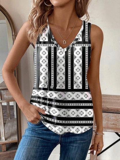 Women's Tank Top Vest Geometric Vacation Print Black Sleeveless Vintage Ethnic Boho V Neck Summer