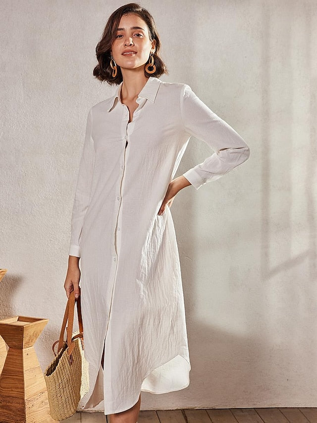 Women's Shirt Dress Casual Dress Shift Dress Maxi long Dress Outdoor Winter Dress Daily Cotton And Linen Basic Casual Shirt Collar Button Long Sleeve Summer Spring Fall 2023 Loose Fit Black White