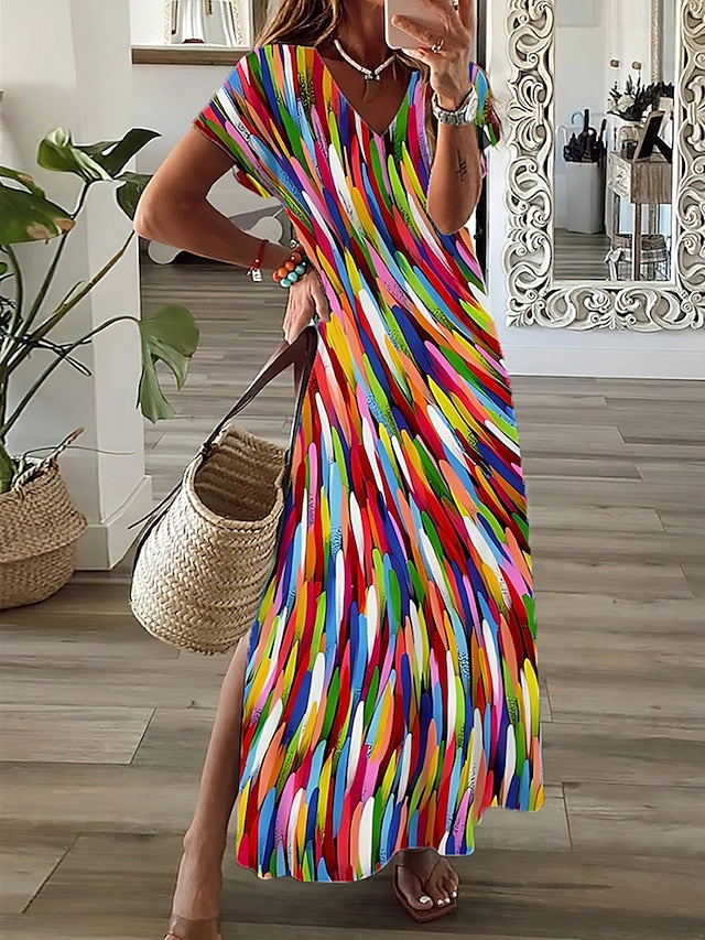 Women's Casual Dress A Line Dress Summer Dress Print Ombre Split Print V Neck Long Dress Maxi Dress Fashion Streetwear Outdoor Daily Short Sleeve Regular Fit Yellow Pink Red Summer Spring S M L XL XXL - LuckyFash™