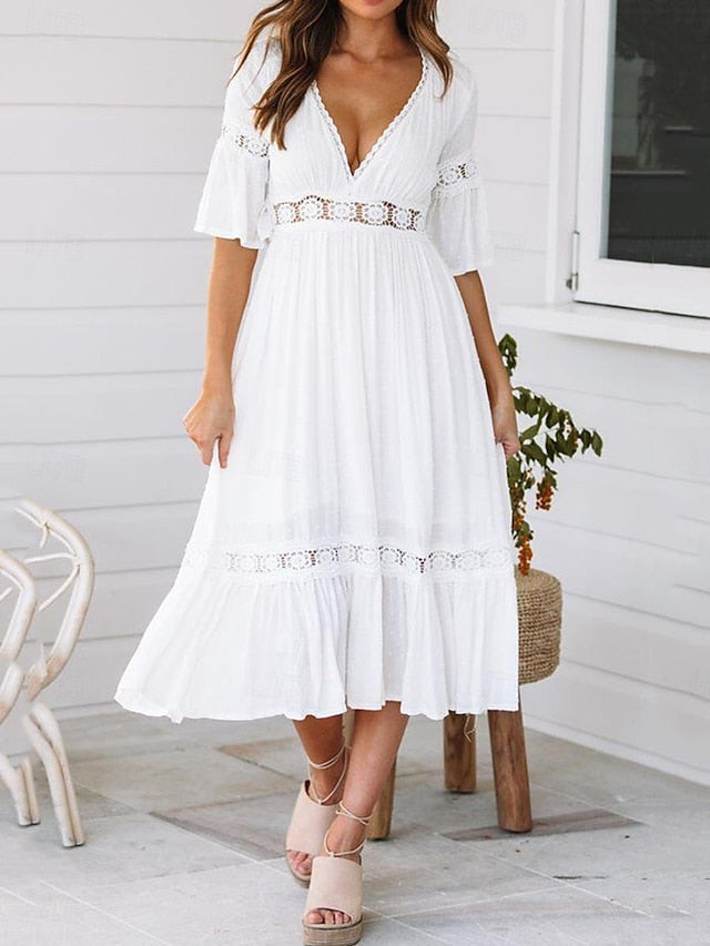 Women's White Dress Lace Dress Casual Dress Midi Dress Lace Patchwork Date Vacation Elegant Streetwear V Neck 3/4 Length Sleeve White Color