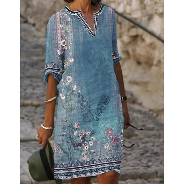 Women‘s Casual Dress Shift Dress Midi Dress Green Half Sleeve Floral Print Fall Spring Summer V Neck 2023 S M L XL XXL 3XL