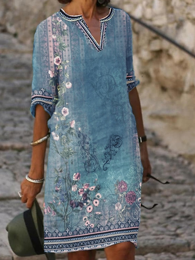 Women's Casual Dress Shift Dress Midi Dress Green Half Sleeve Floral Print Fall Spring Summer V Neck 2023 S M L XL XXL 3XL - LuckyFash™