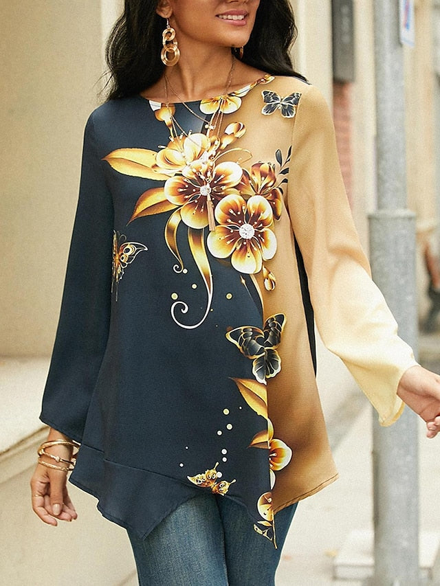 Women's Shirt Blouse Floral Casual Holiday Print Asymmetric Yellow Long Sleeve Round Neck Spring &  Fall