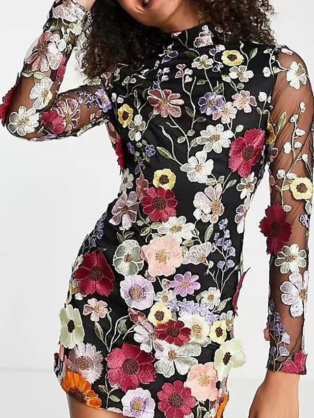 Women's Wedding Guest Dress Party Dress Bodycon Mini Dress Black Pink Long Sleeve Floral Embroidered Summer Spring Fall High Neck Fashion Wedding Guest Vacation Fall Dress 2023 S M L XL - LuckyFash™