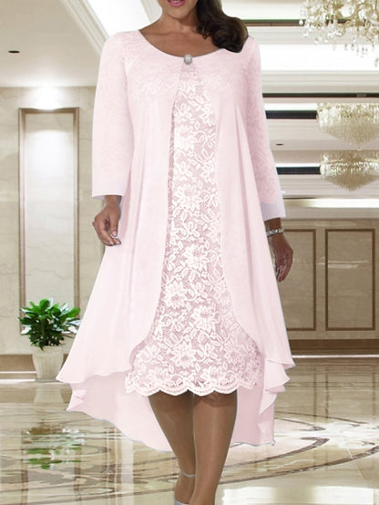 Two Piece A-Line Mother of the Bride Dress Plus Size Elegant Jewel Neck Tea Length Chiffon Lace Short Sleeve Jacket Dresses with Solid Color 2023 - LuckyFash™