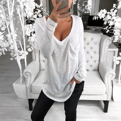 Women's T shirt Tee Tunic Black White Pink Solid Colored Pocket Long Sleeve Casual Daily Basic V Neck Regular Loose Fit S