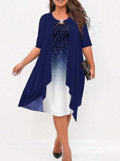 Women‘s Plus Size Curve Party Dress Sequin Dress Cocktail Dress Gradient Midi Dress Half Sleeve Patchwork Fake two piece Crew Neck Party Blue Fall Winter Wedding Guest Dress