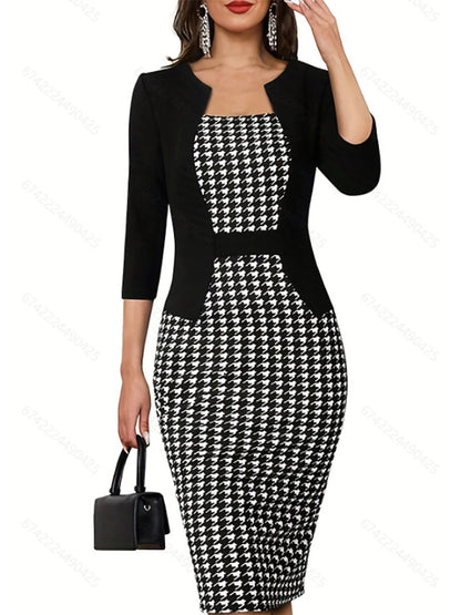 Women's Work Dress Semi Formal Dress Tunic Dress Fashion Winter Dress Office Midi Dress Print Square Neck 3/4 Length Sleeve Houndstooth Slim Black Spring Fall S M L XL