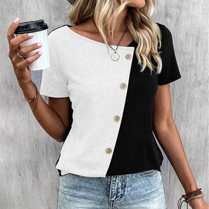 Women's T shirt Tee Color Block Daily Weekend Button White Short Sleeve Fashion V Neck Summer