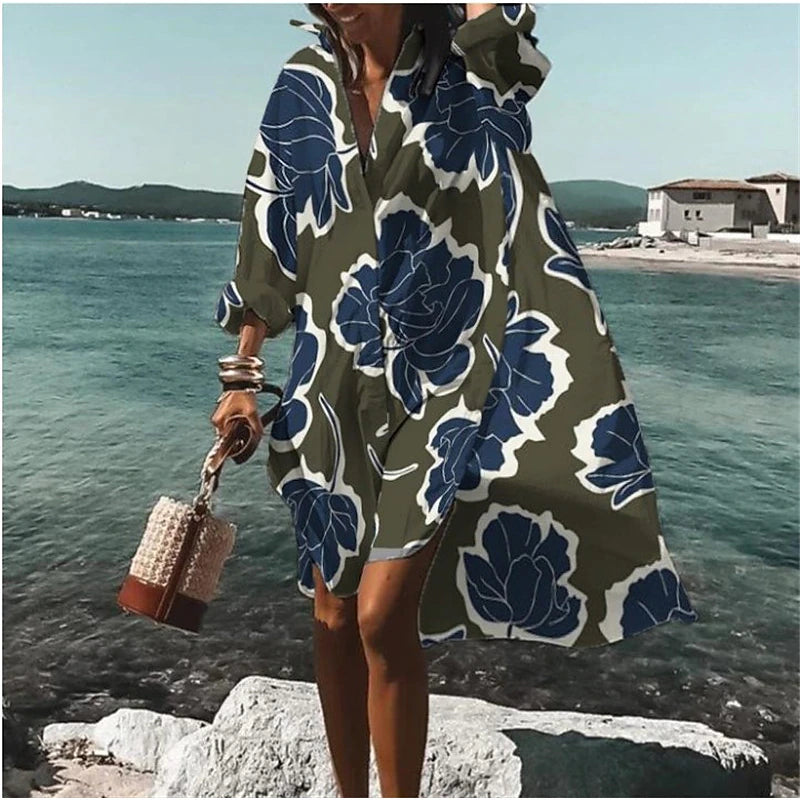 Women's Shirt Dress Shift Dress Swing Dress Midi Dress Outdoor Winter Dress Holiday Polyester Vacation Stylish Shirt Collar Button High Low dress Long Sleeve Summer Spring Fall 2023 Loose Fit Black