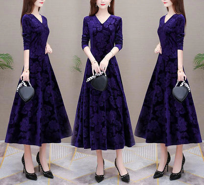 Women's Velvet Dress Homecoming Dress Empire Waist Dresses Long Dress Maxi Dress Black Wine Blue Long Sleeve Pure Color Ruched Spring Fall Winter V Neck Stylish Winter Dress Evening Party Wedding