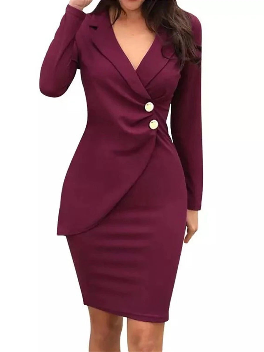 Women's Work Dress Sheath Dress Semi Formal Dress Fashion Office Daily Workfashion Midi Dress Button Lapel Long Sleeve Plain Regular Fit Black Wine Fuchsia Fall Winter S M L XL XXL