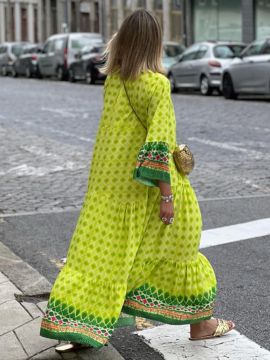 Women‘s Caftan Dress Long Dress Maxi Dress Casual Dress Swing Dress Print Dress Geometric Fashion Modern Outdoor Daily Holiday Button Print 3/4 Length Sleeve Stand Collar Dress Loose Fit Yellow