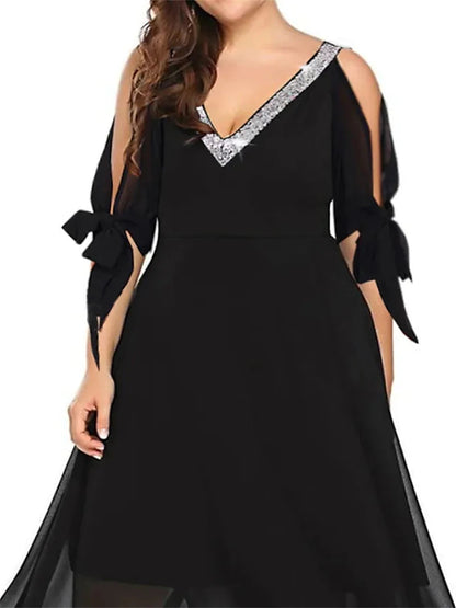 Women‘s Plus Size Curve Flattering Dresses Elegant Apple Shaped Dress Wedding Guest Party Dress Chiffon Dress Swing Dress Solid Color Midi Dress Half Sleeve Layered Asymmetric V Neck Fashion