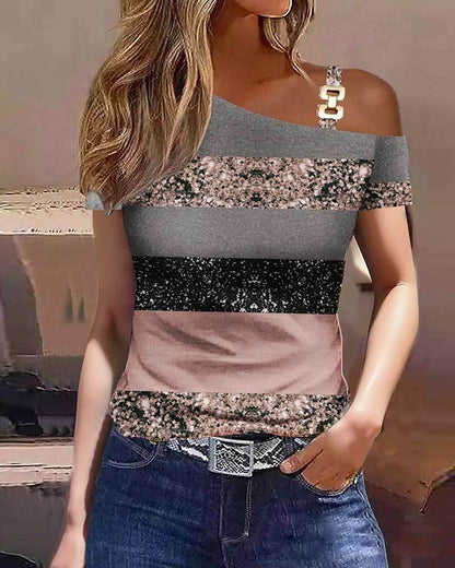 Women's T shirt Tee Galaxy Color Block Plain Work Casual Print Cold Shoulder Black Short Sleeve Casual Off Shoulder Cold Shoulder