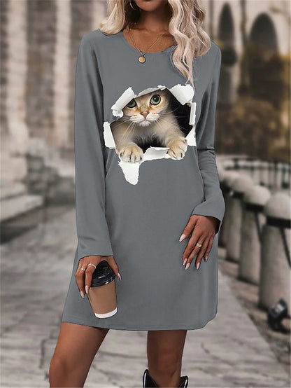 Women's Winter Dress T Shirt Dress Tee Dress Cat Letter Print V Neck Mini Dress Daily Vacation Long Sleeve Fall Winter