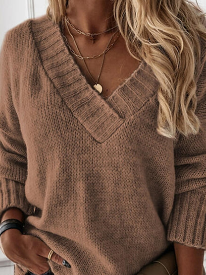 Women's Pullover Sweater jumper Jumper Ribbed Knit Knitted Pure Color V Neck Stylish Casual Holiday Going out Winter Fall Blue Khaki S M L / Long Sleeve / Regular Fit