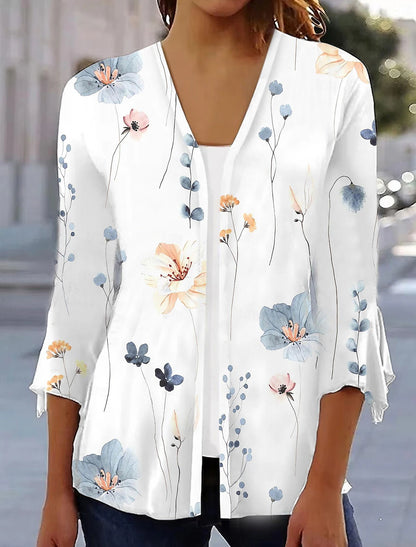 Women's Shirt Blouse Floral Graphic Casual Print White 3/4 Length Sleeve Basic V Neck