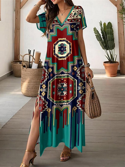 Women's Vintage Dress Casual Dress Color Block Split Print V Neck Long Dress Maxi Dress Vintage Ethnic Vacation Short Sleeve Summer