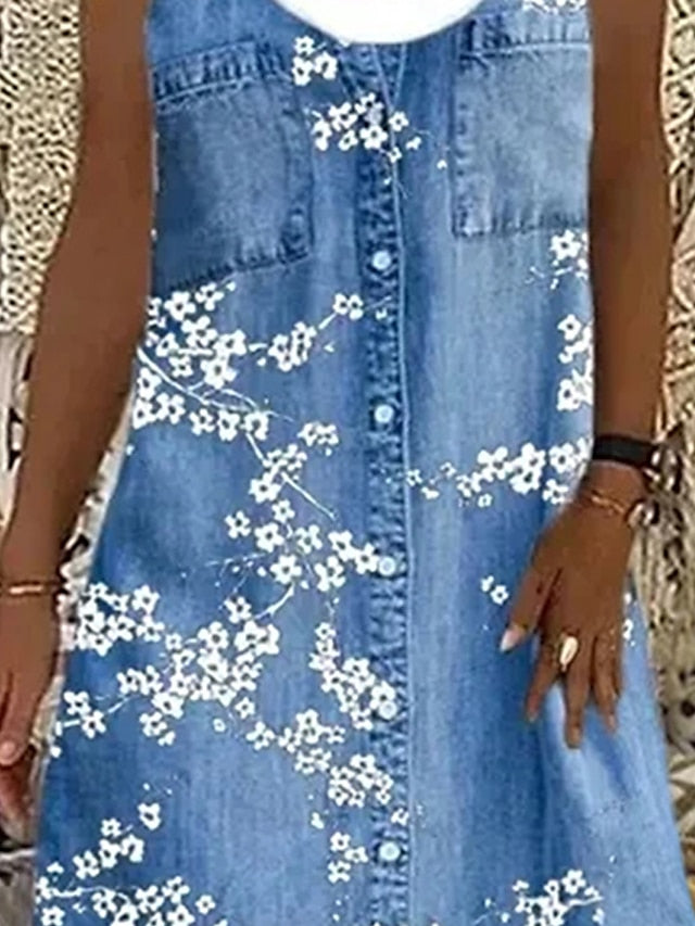 Women's Shift Dress Knee Length Dress Blue Gray Brown Light Blue Sleeveless Floral Fake two piece Print Spring Summer Boat Neck Casual Modern Loose 2023 S M L XL XXL 3XL 4XL - LuckyFash™