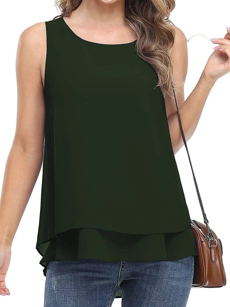 Tops Sleeveless Chiffon Double Layers Tank Top - Scoop - Jewel - U Shape - Bare