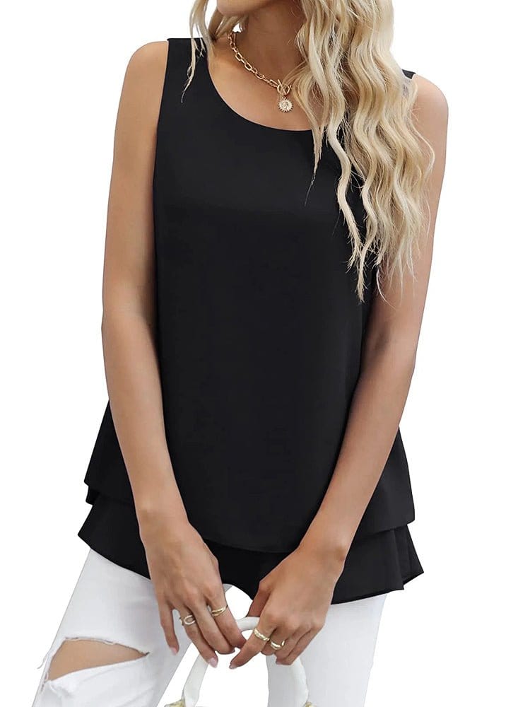 Tops Sleeveless Chiffon Double Layers Tank Top - Scoop - Jewel - U Shape - Bare