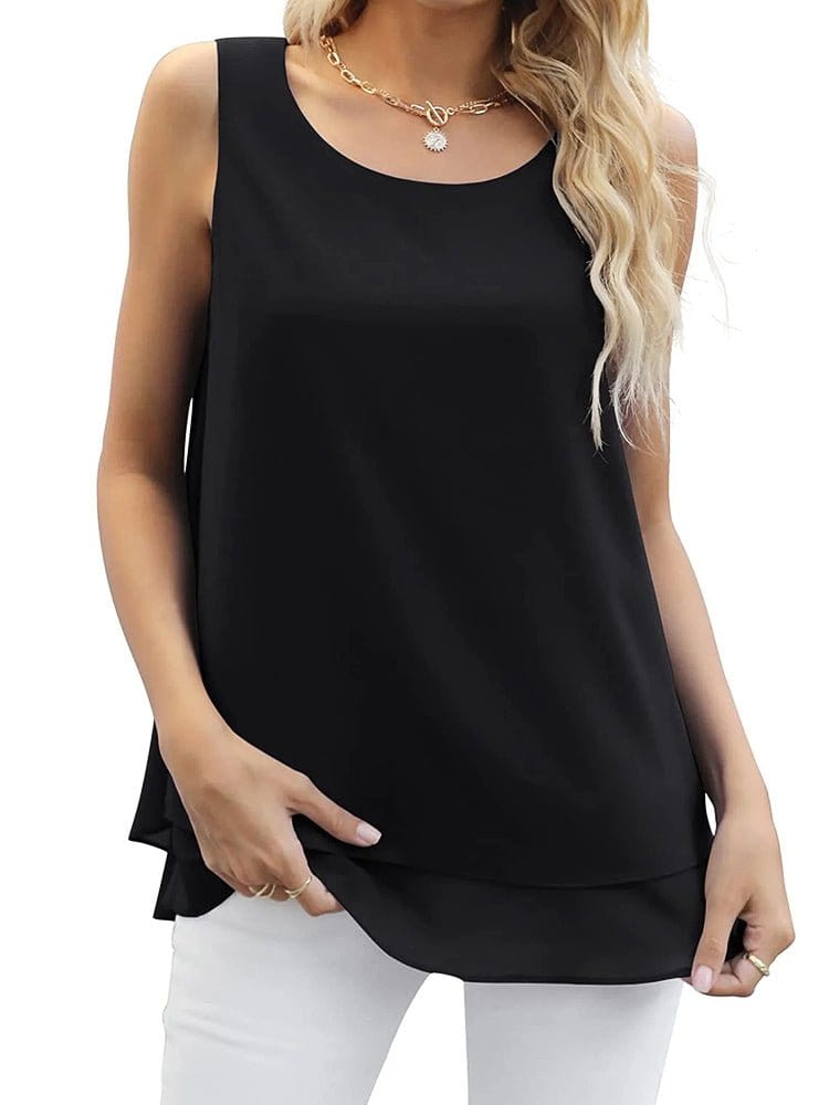 Tops Sleeveless Chiffon Double Layers Tank Top - Scoop - Jewel - U Shape - Bare