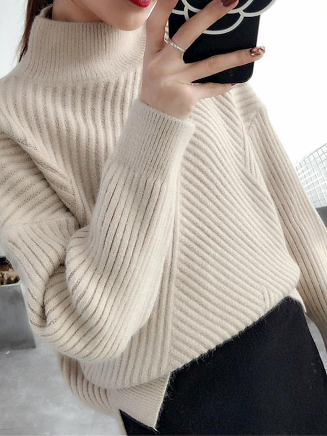 Women's Pullover Sweater Jumper Stand Collar Ribbed Knit Spandex Yarns Patchwork Split Fall Winter Regular Outdoor Daily Going out Stylish Casual Soft Long Sleeve Solid Color Black White Yellow