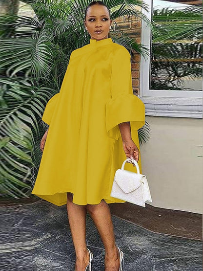 Women's Shirt Dress Knee Length Dress White Purple Yellow 3/4 Length Sleeve Solid Color Ruffle Spring Summer Stand Collar Elegant Casual Loose 2023 S M L XL XXL XXXL - LuckyFash™