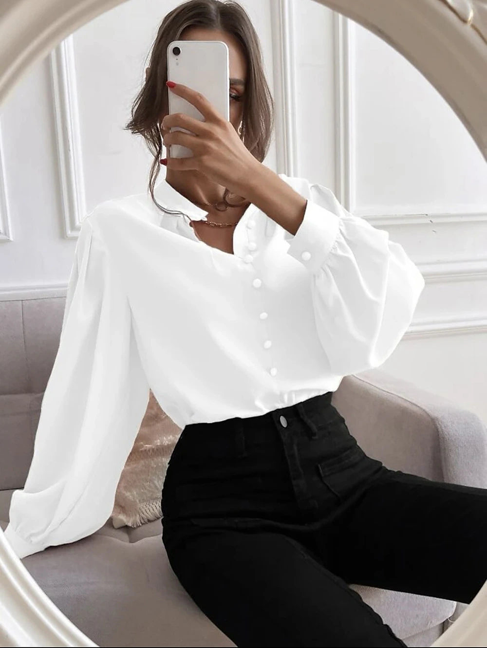 Women's Shirt Lantern Sleeve Blouse Plain Work Button Black Long Sleeve Daily Standing Collar Spring &  Fall