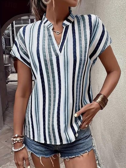 Women's Shirt Blouse Striped Daily Vacation Print Red Short Sleeve Casual V Neck Summer