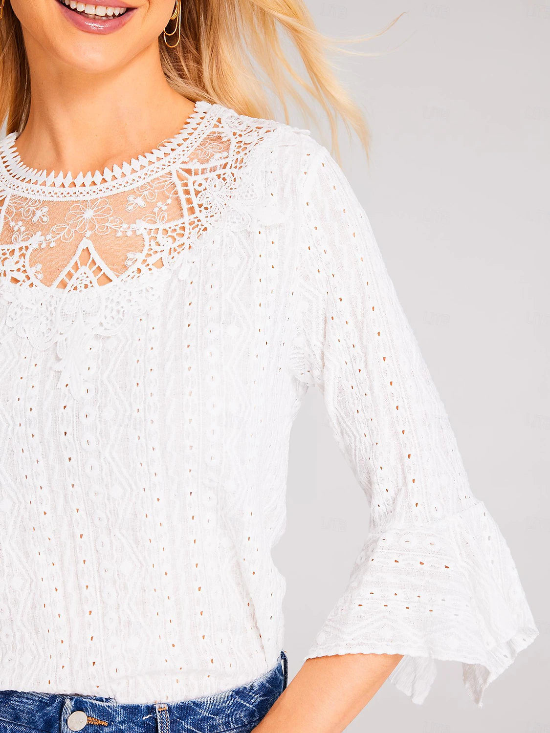 Women's Shirt Blouse Plain Contrast Lace Embroidered Eyelet White Half-Sleeve Elegant Basic Round Neck Summer